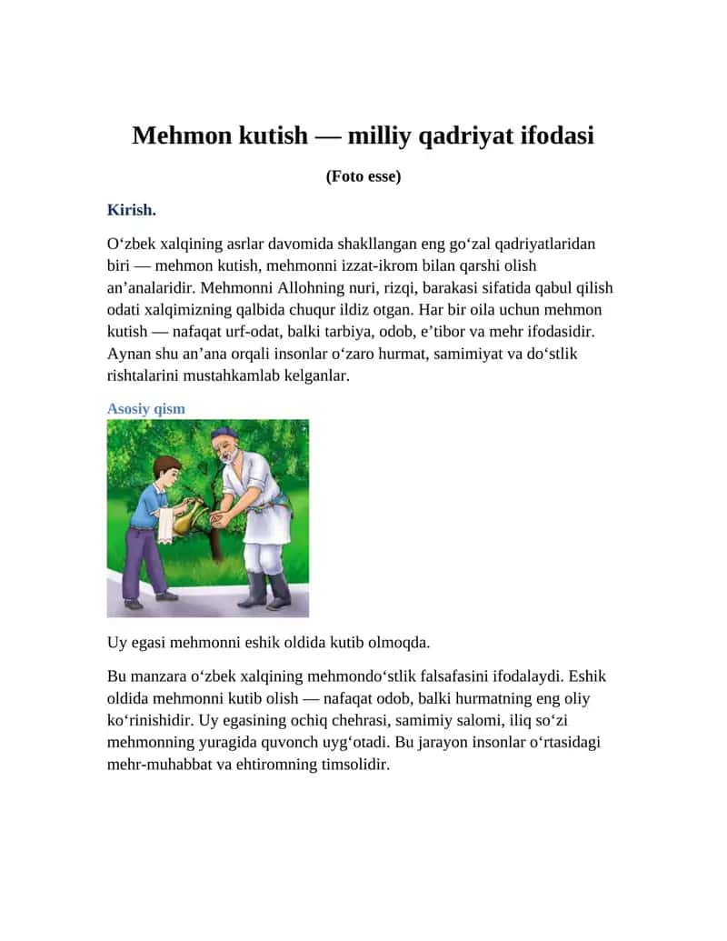 Mehmon kutish — milliy qadriyat ifodasi