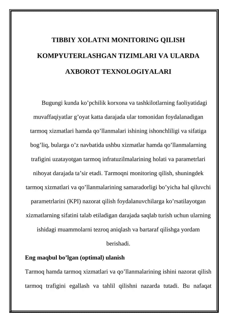 TIBBIY XOLATNI MONITORING QILISH KOMPYUTERLASHGAN TIZIMLARI VA ULARDA AXBOROT TEXNOLOGIYALARI