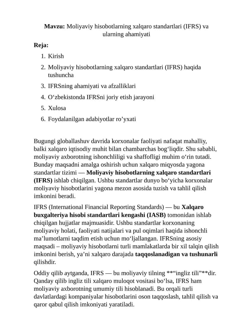 Moliyaviy hisobotlarning xalqaro standartlari (IFRS) va ularning ahamiyati