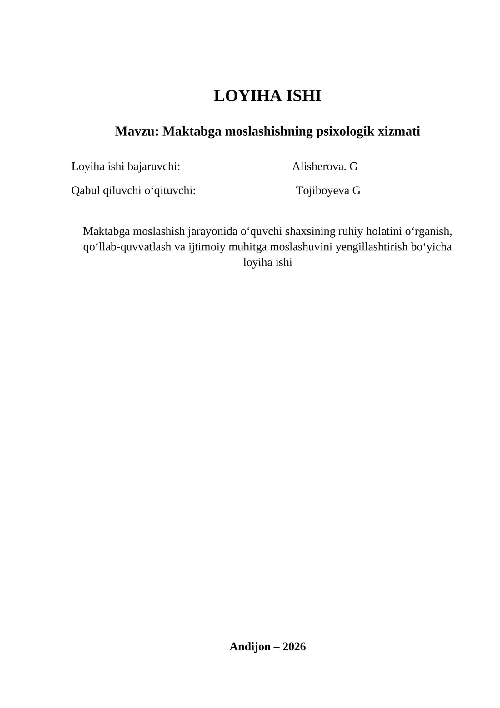 Maktabga moslashishning psixologik xizmati