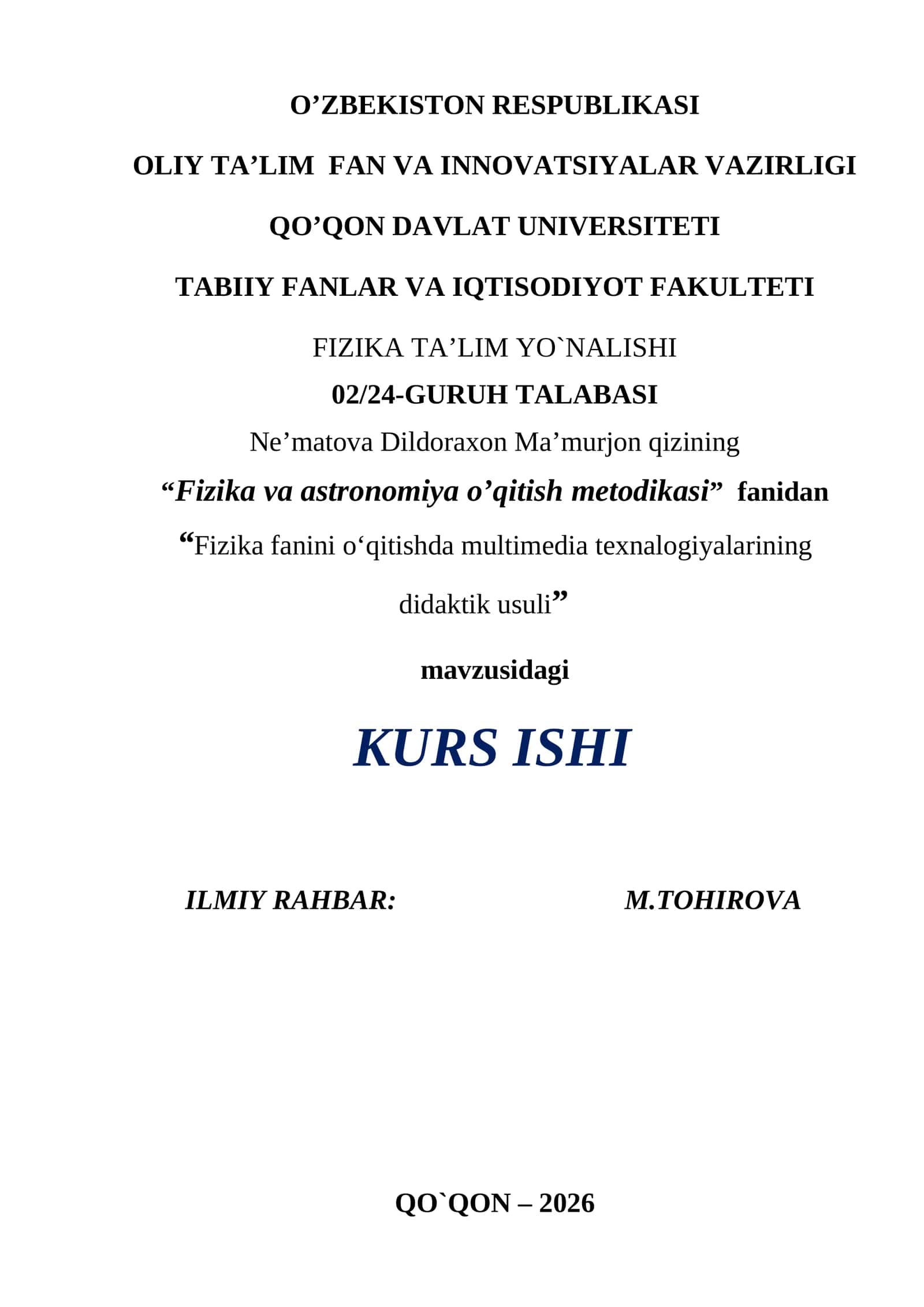 Fizika va astronomiya o’qitish metodikasi