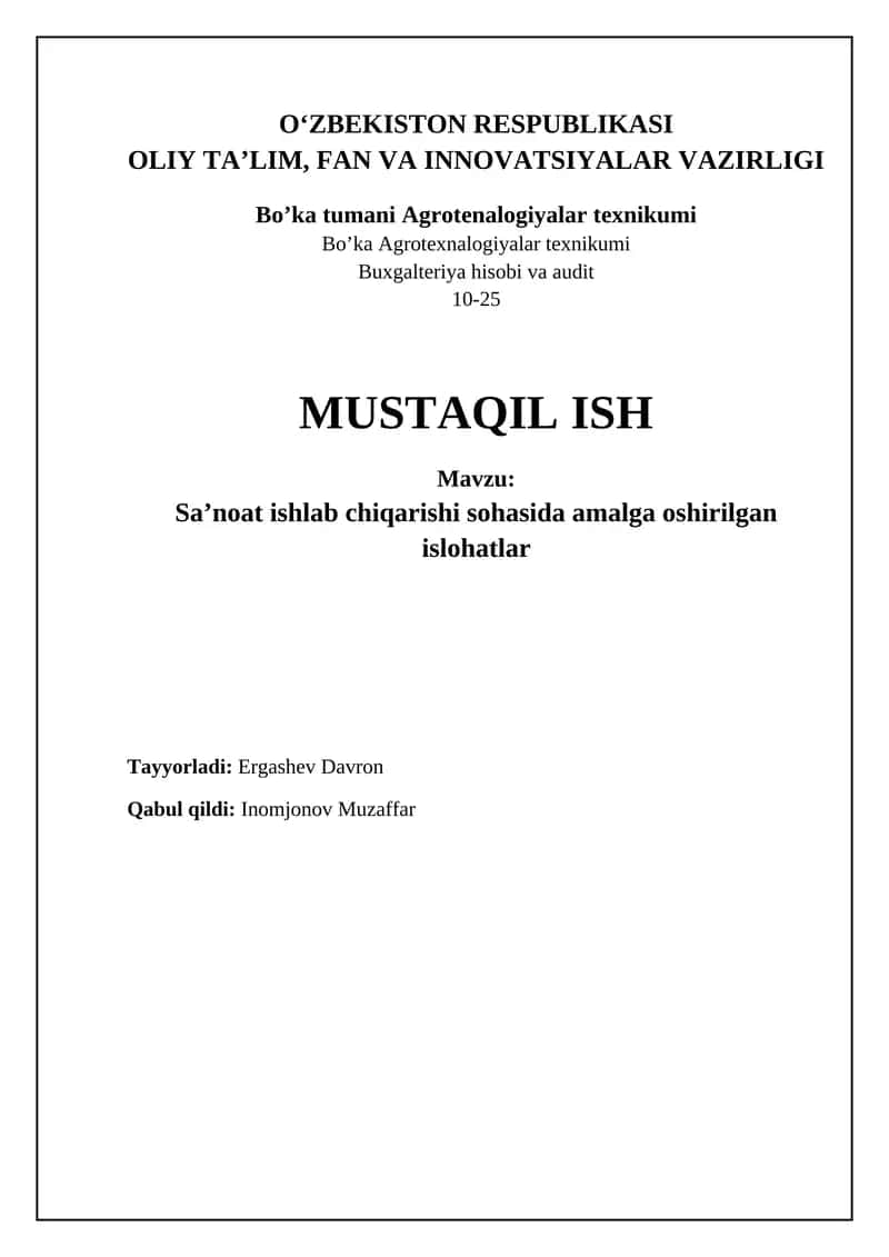 Sa’noat ishlab chiqarishi sohasida amalga oshirilgan islohatlar