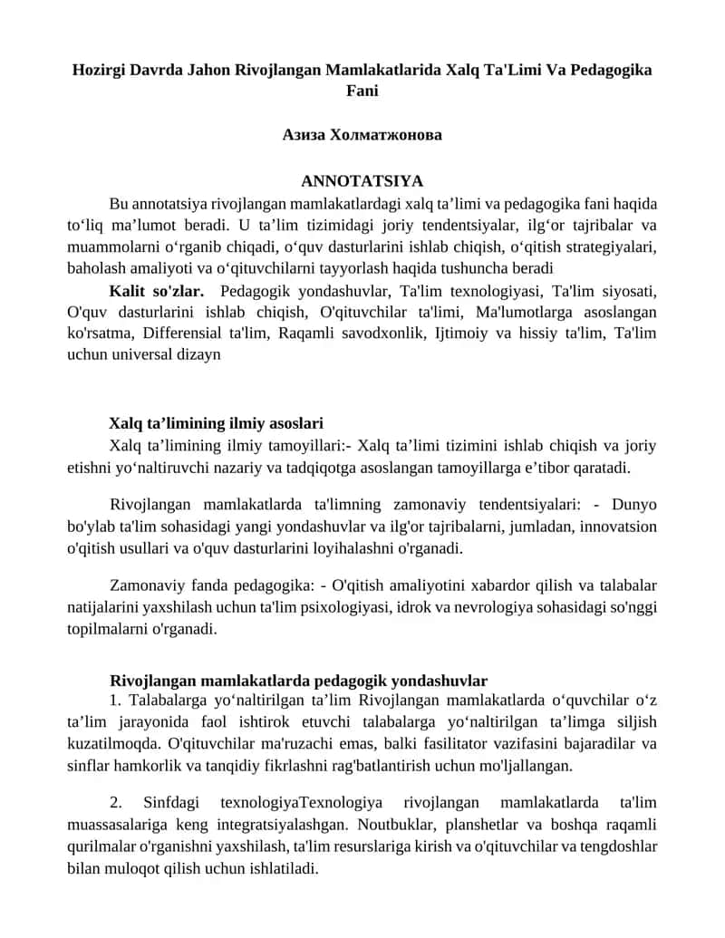 Xalq Ta'Limi Va Pedagogika Fani