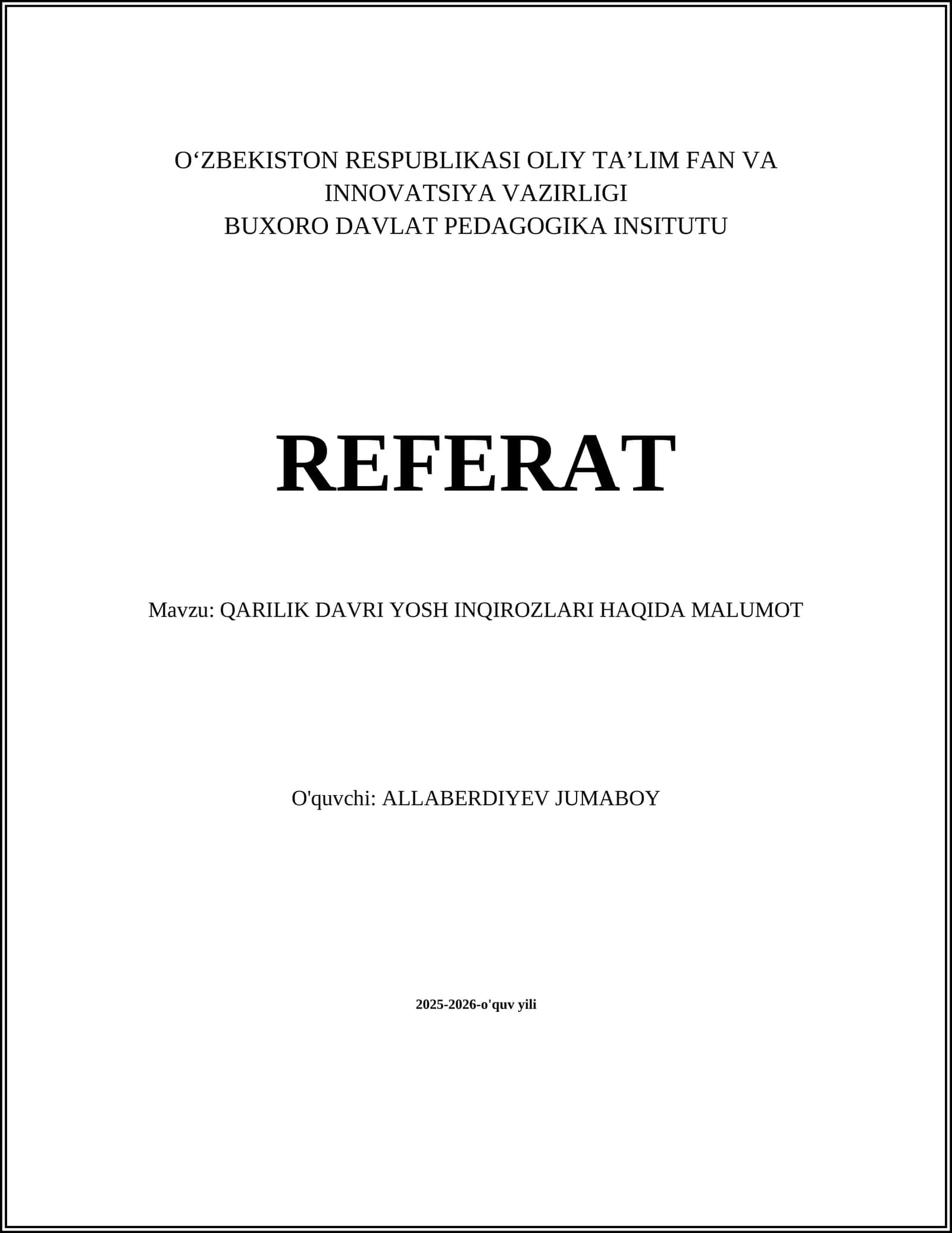 QARILIK DAVRI YOSH INQIROZLARI HAQIDA MALUMOT
