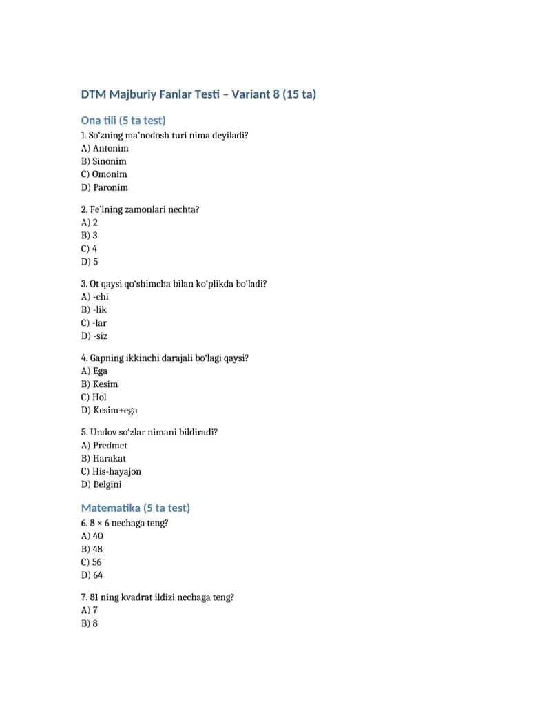 DTM majburiy 3 fan (ona tili, matematika, tarix) bo‘yicha 15 talik test Word faylda 8-namuna.