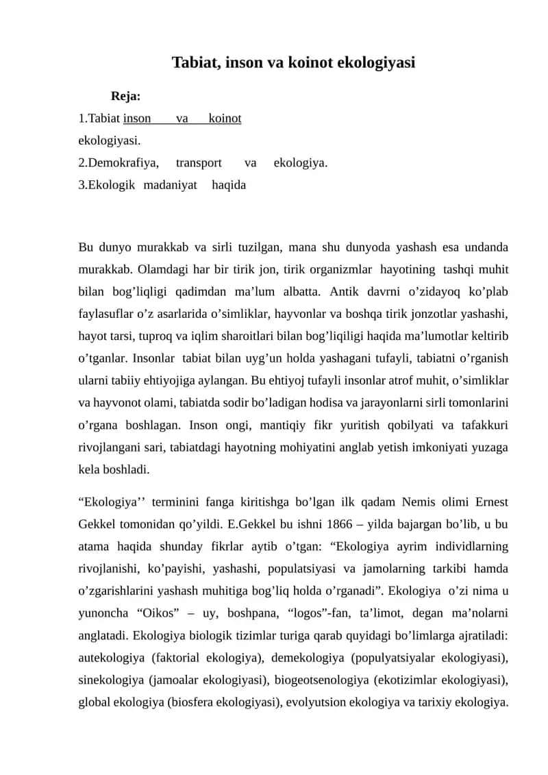 Tabiat, inson va koinot ekologiyasi