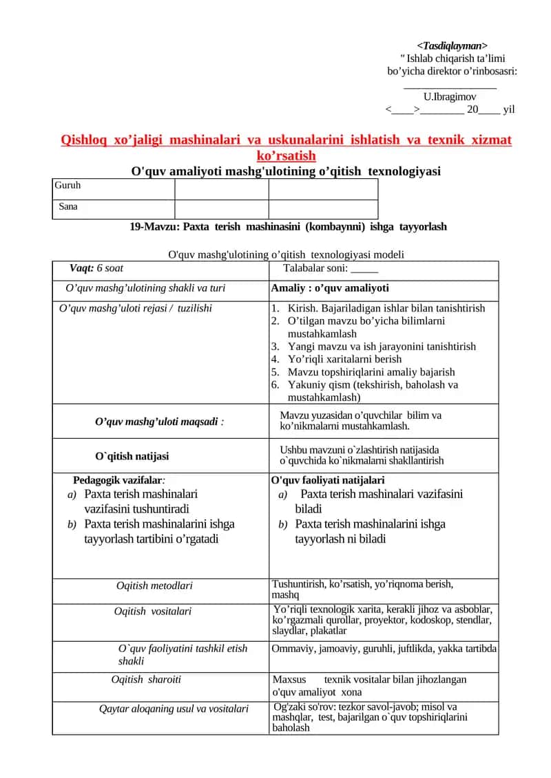 Paxta terish mashinasini (kombaynni) ishga tayyorlash