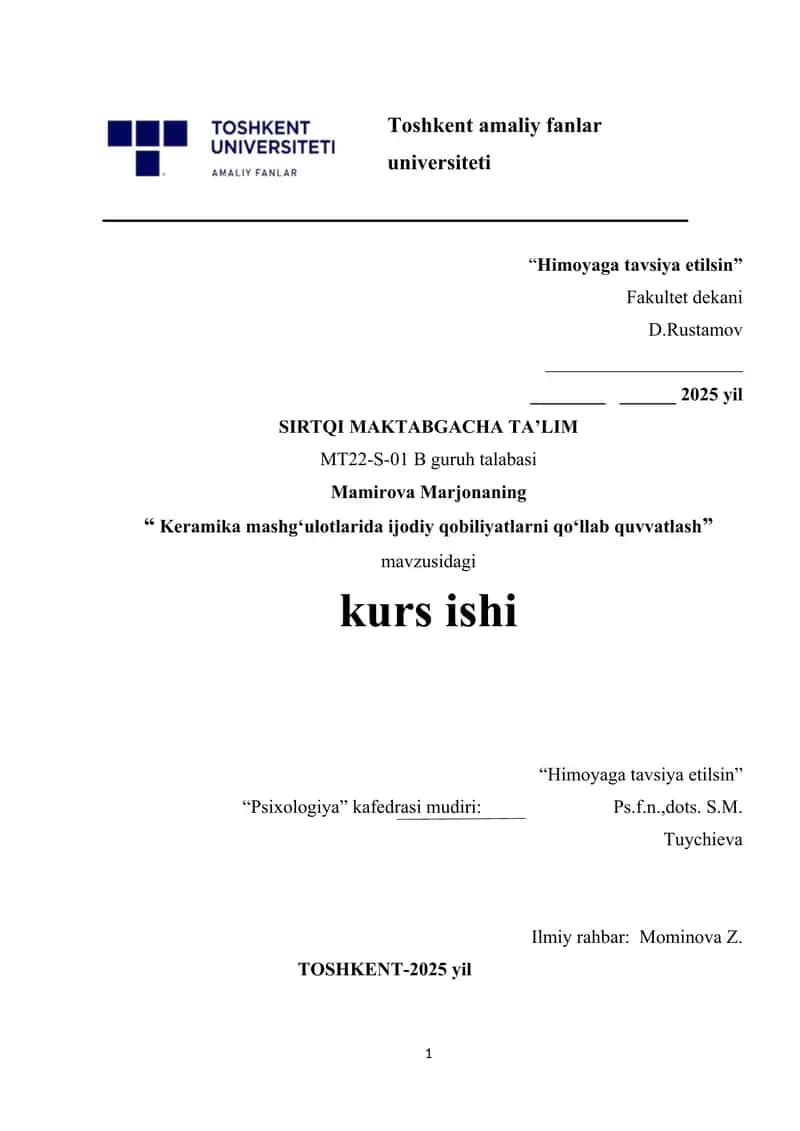 Keramika mashgʻulotlarida ijodiy qobiliyatlarni qoʻllab quvvatlash