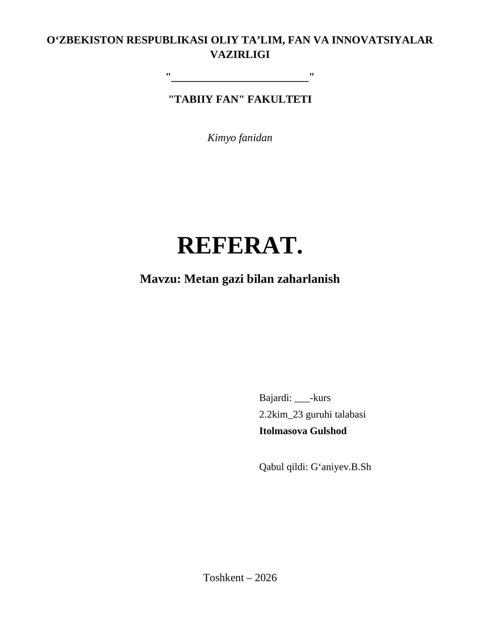 Metan gazi bilan zaharlanish