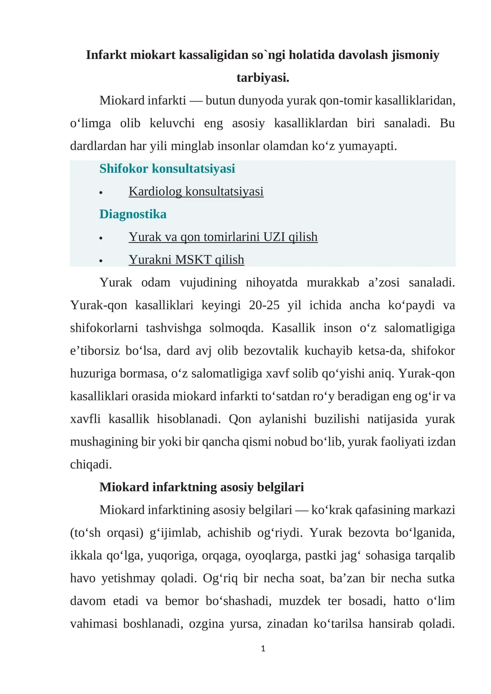 Infarkt miokart kassaligidan so`ngi holatida davolash jismoniy tarbiyasi
