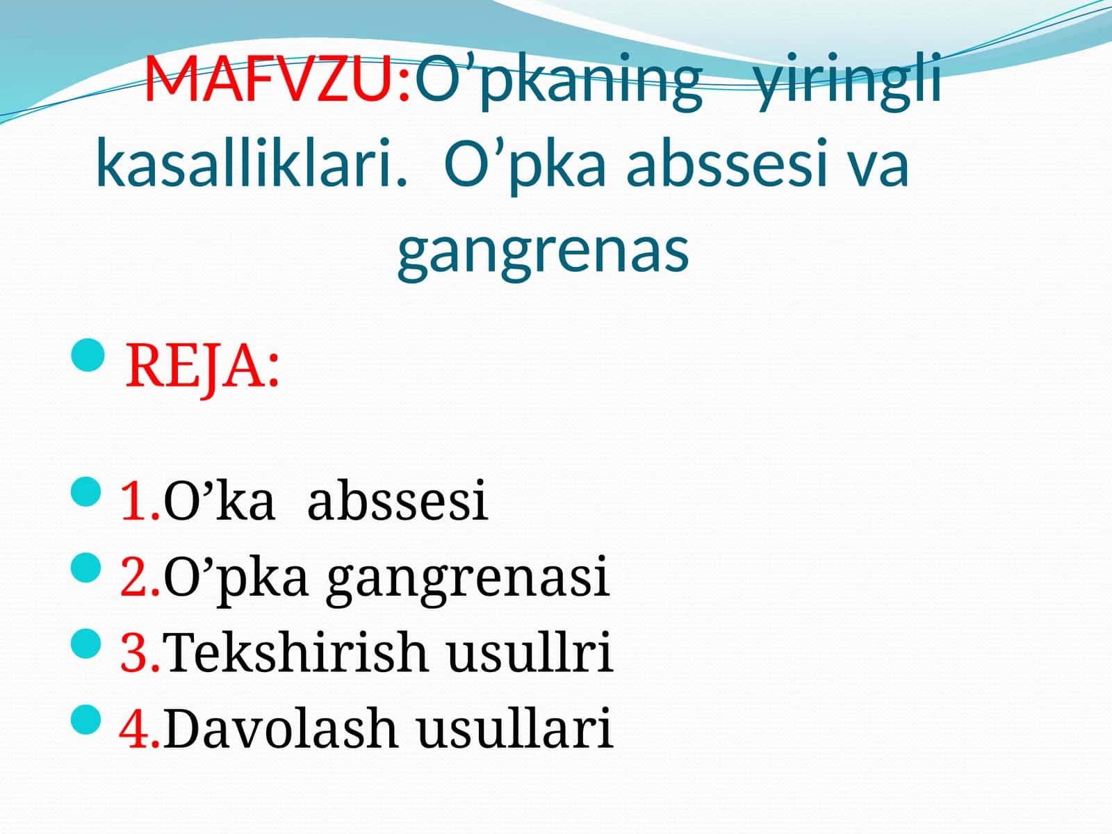 O’pkaning yiringlik kasalliklari. O’pka absessi va gangrenasi