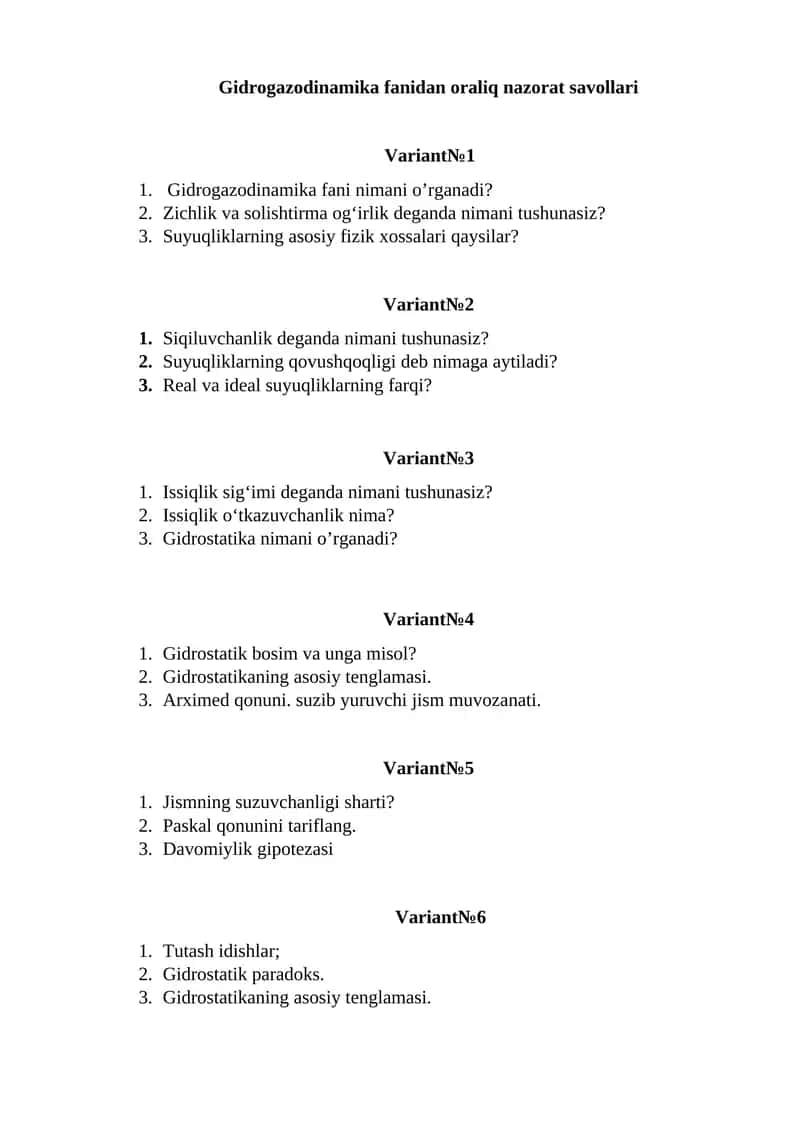 Gidrogazodinamika fanidan oraliq nazorat savollari