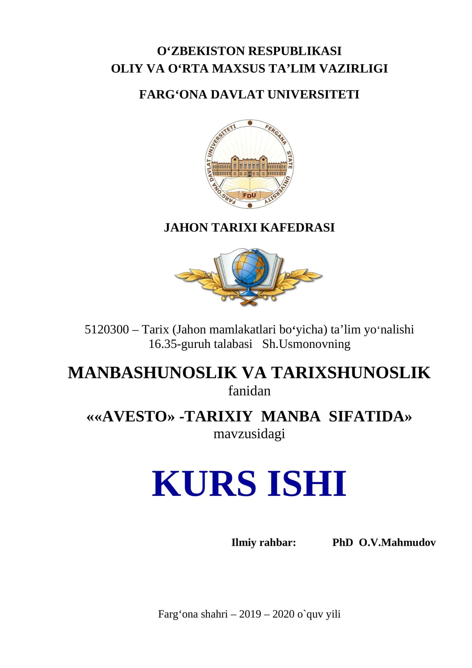 «AVESTO» -TARIXIY MANBA SIFATIDA