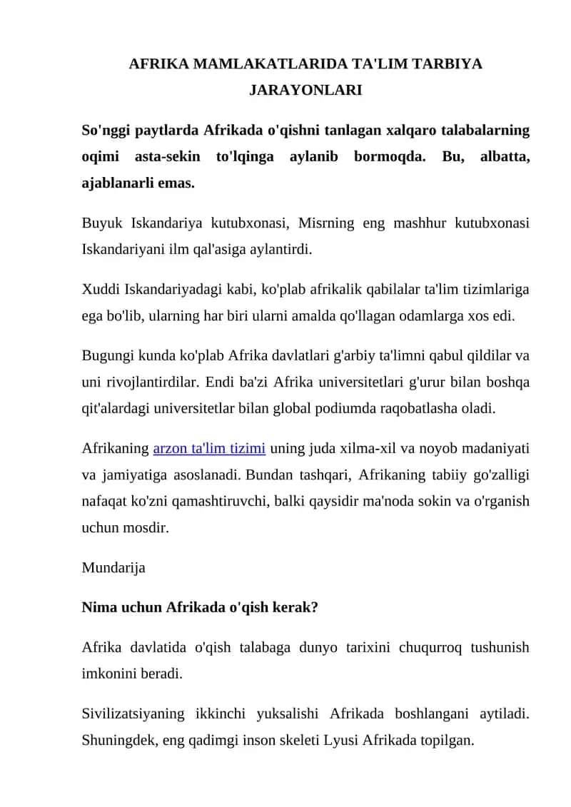 Afrika Mamlakatlarda Ta'lim Tarbiya Jarayonlari