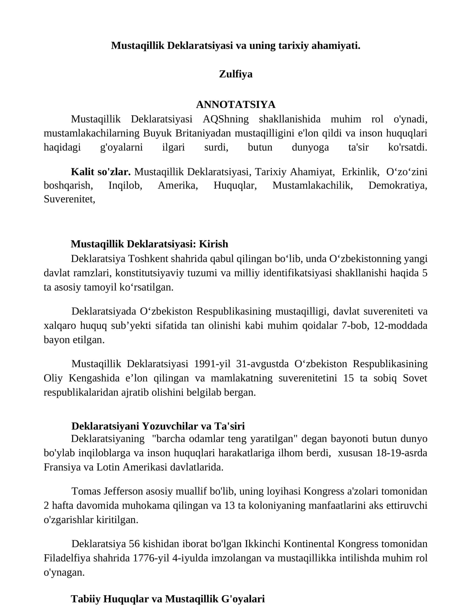 Mustaqillik Deklaratsiyasi va uning tarixiy ahamiyati