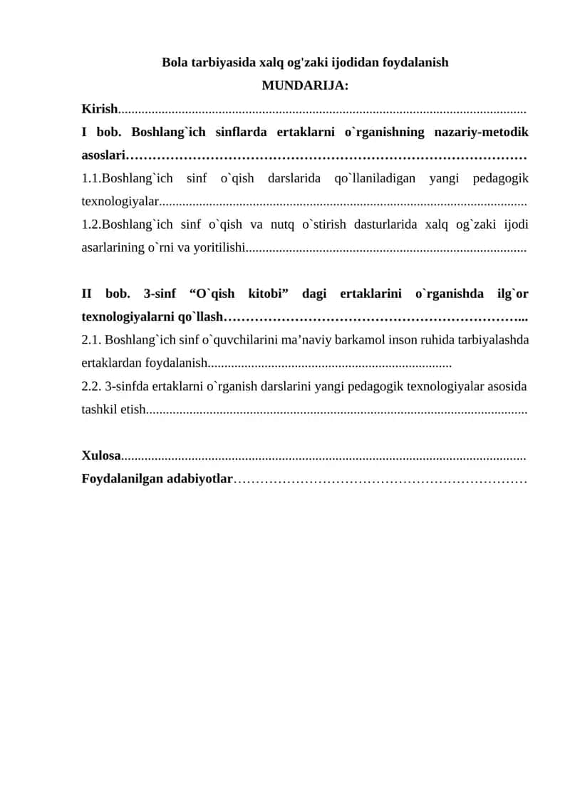 Bola tarbiyasida xalq og'zaki ijodidan foydalanish