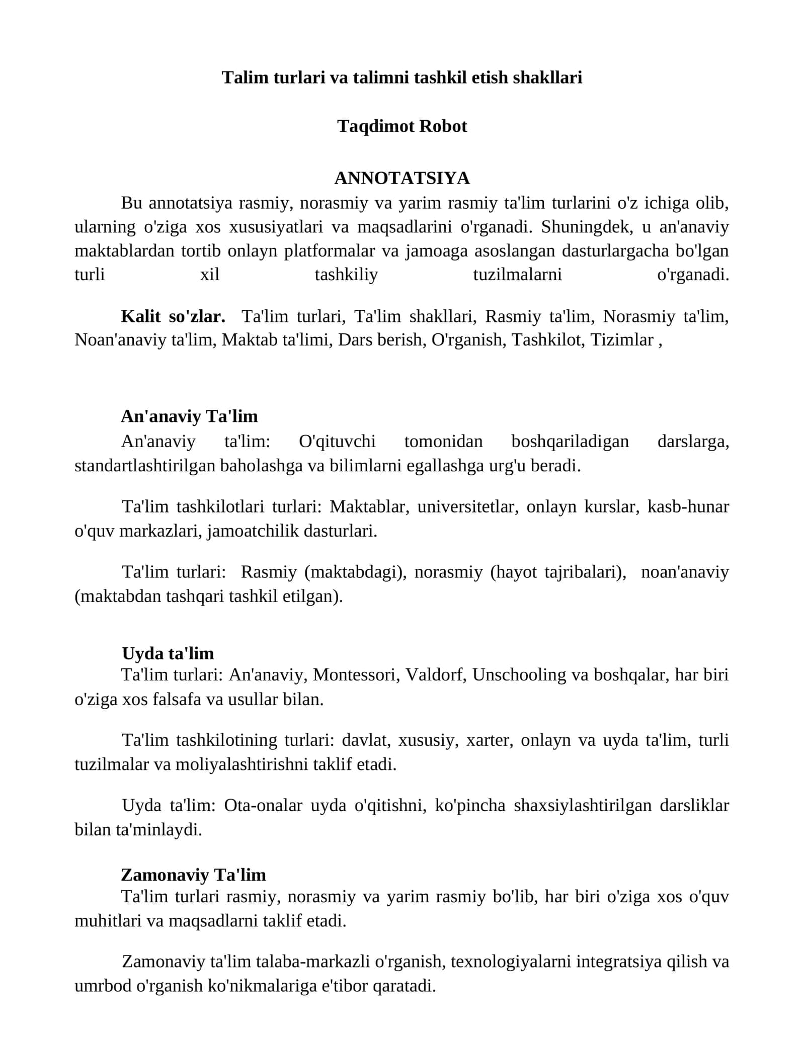 Talim turlari va talimni tashkil etish shakllari