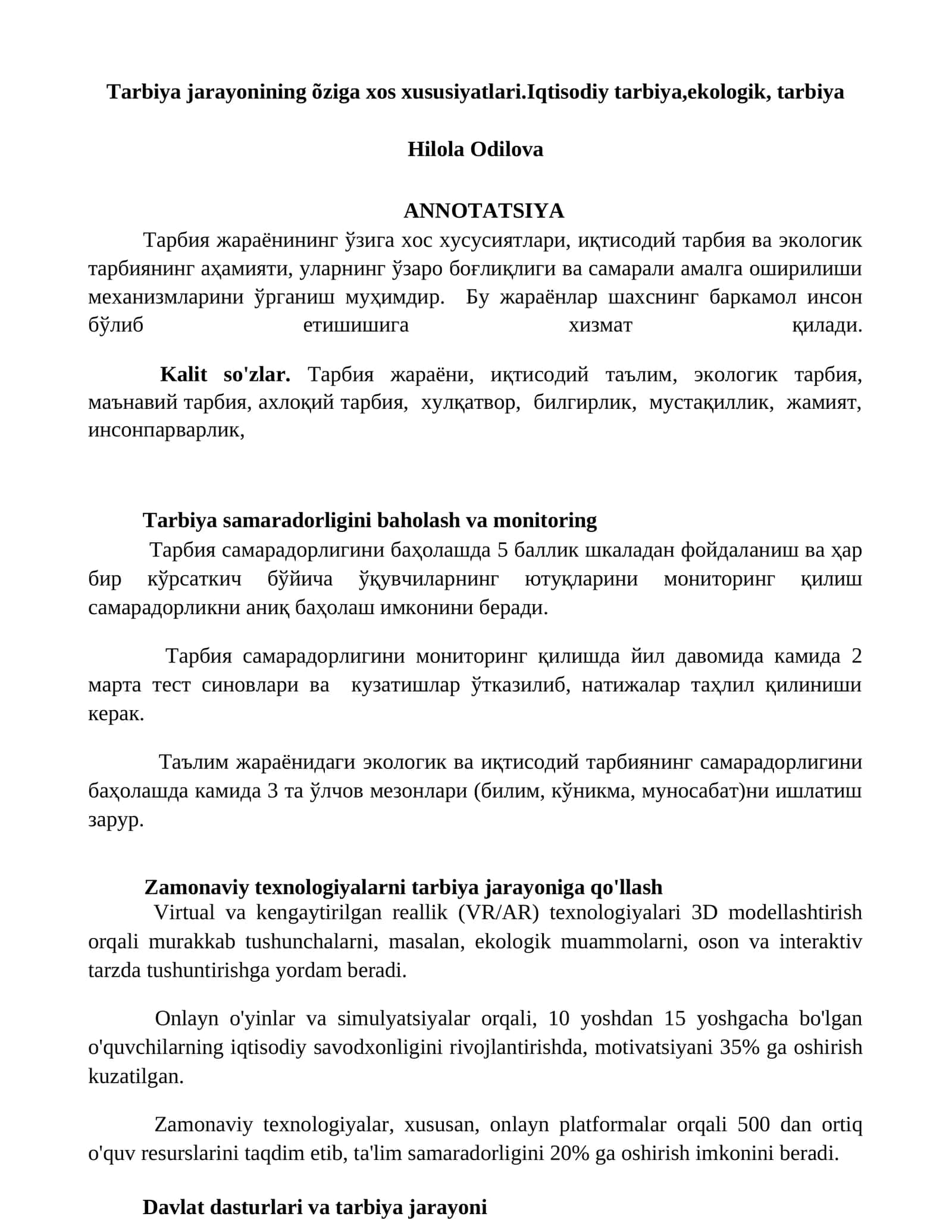 Tarbiya jarayonining õziga xos xususiyatlari.Iqtisodiy tarbiya,ekologik, tarbiya