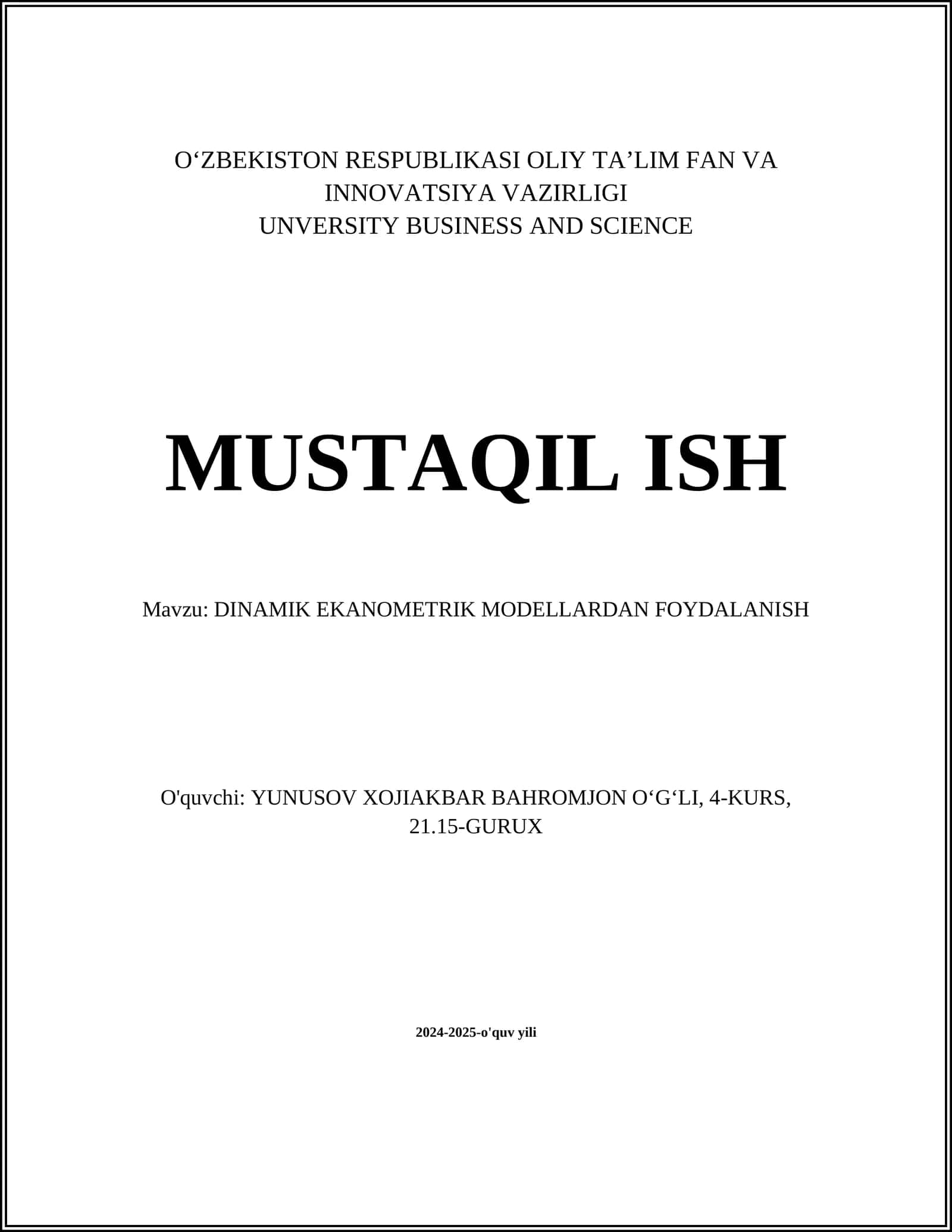 DINAMIK EKANOMETRIK MODELLARDAN FOYDALANISH