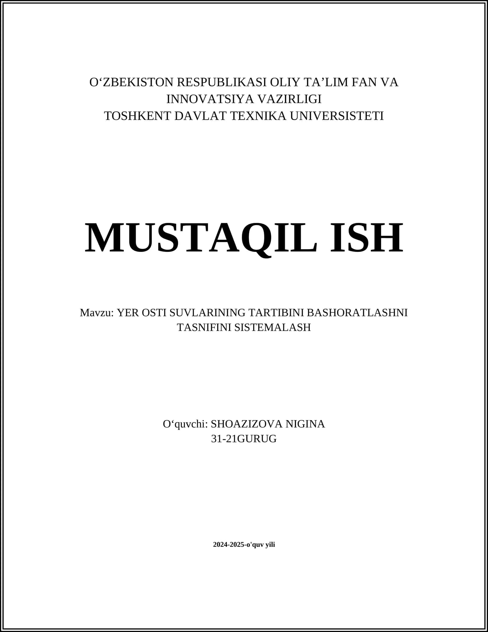 YER OSTI SUVLARINING TARTIBINI BASHORATLASHNI TASNIFINI SISTEMALASH