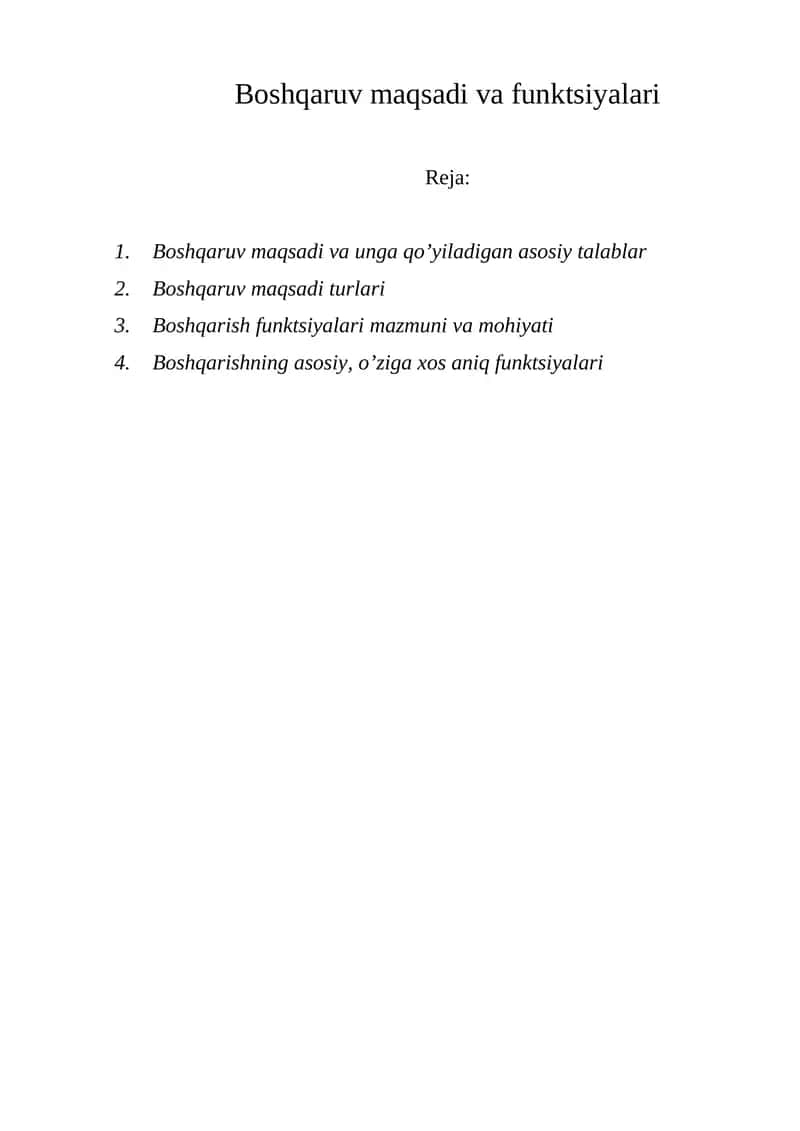 Boshqaruv maqsadi va funktsiyalari