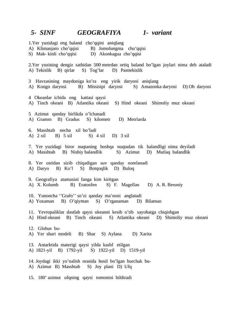 5-SINF GEOGRAFIYA fanidan Test