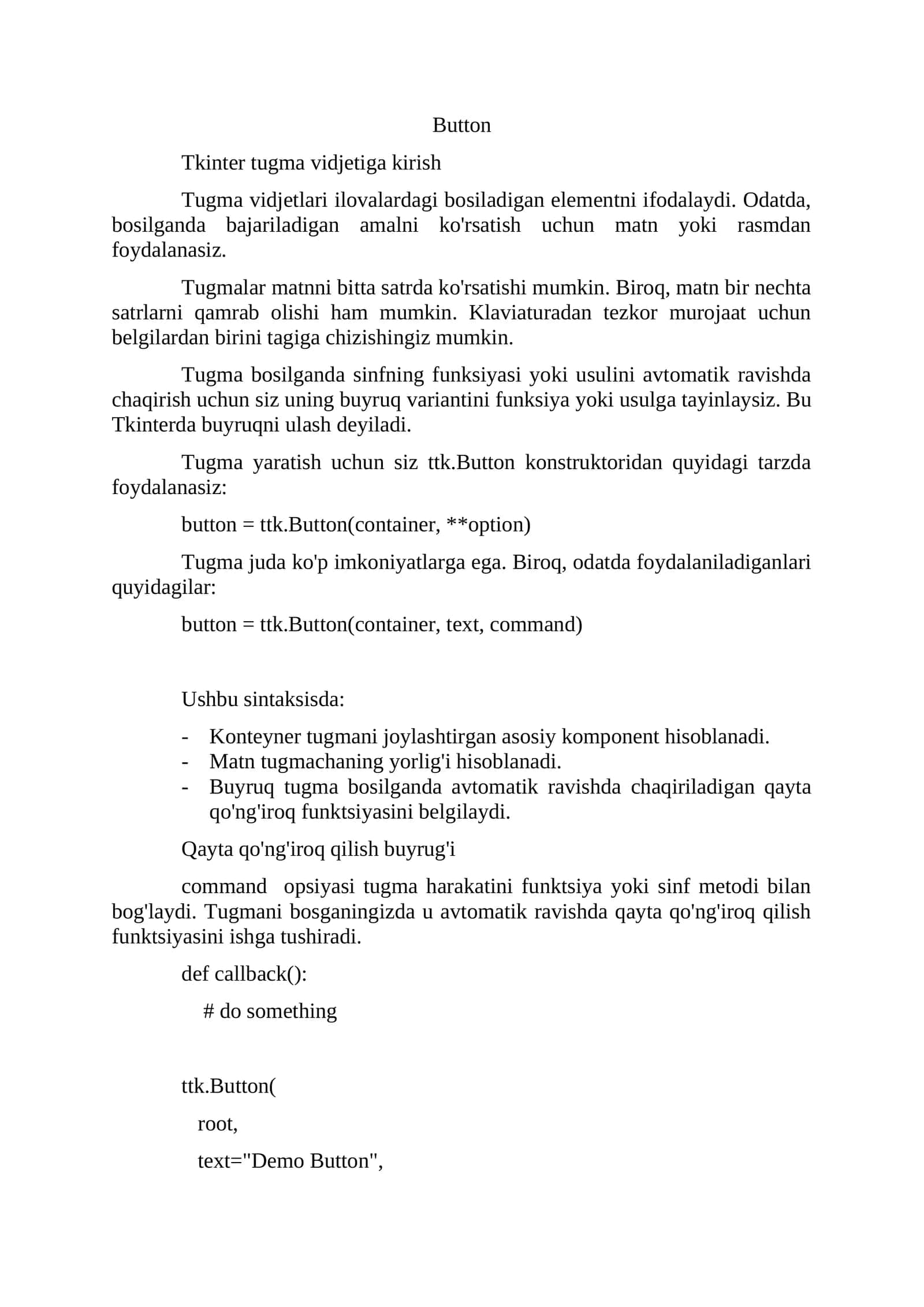 Tkinter tugma vidjetiga kirish
