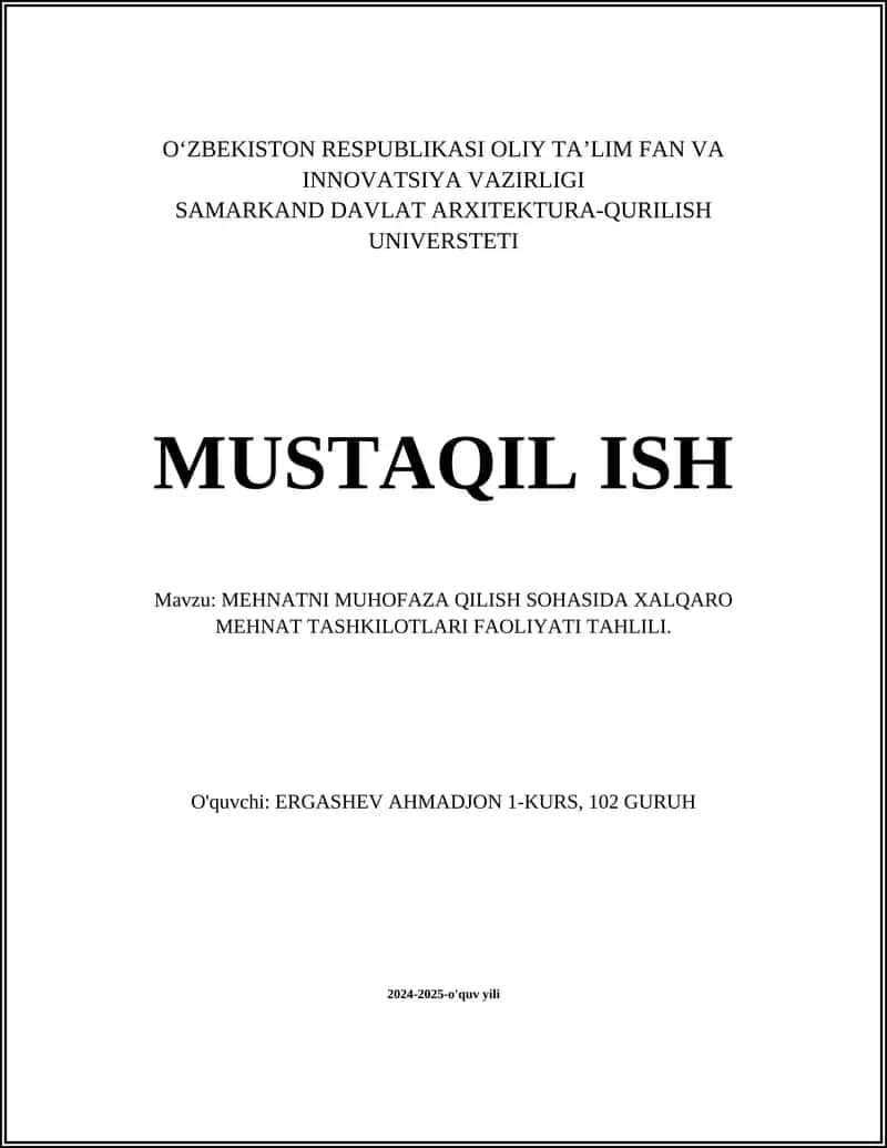 MUSTAQIL ISH Mavzu: MEHNATNI MUHOFAZA QILISH SOHASIDA XALQARO MEHNAT TASHKILOTLARI FAOLIYATI TAHLILI.