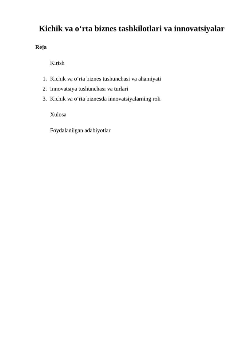 Kichik va o‘rta biznes tashkilotlari va innovatsiyalar