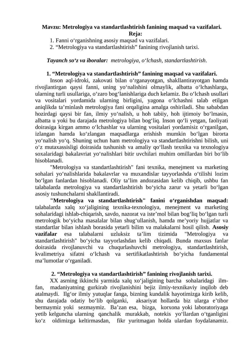 Metrologiya va standartlashtirish fanining maqsad va vazifalari
