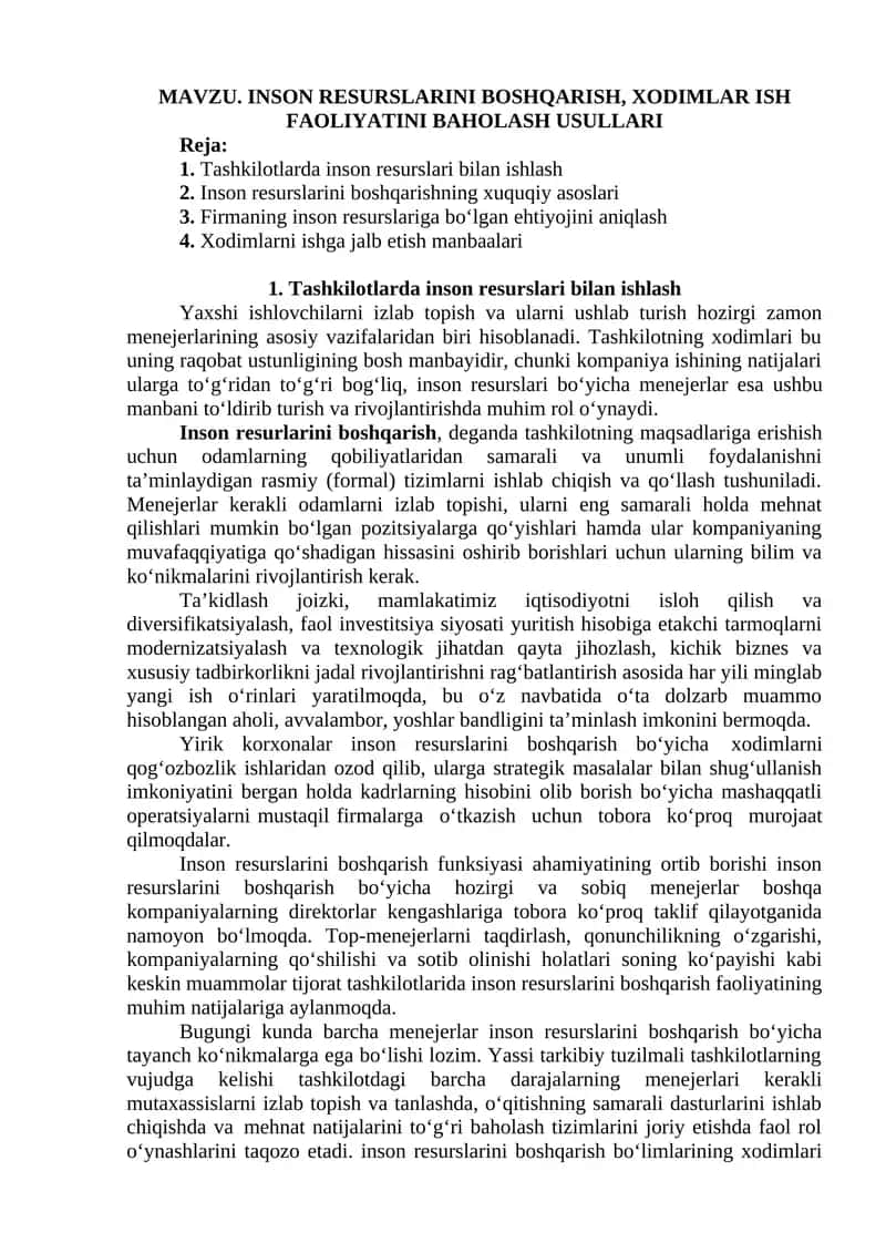 INSON RESURSLARINI BOSHQARISH, XODIMLAR ISH FAOLIYATINI BAHOLASH USULLARI
