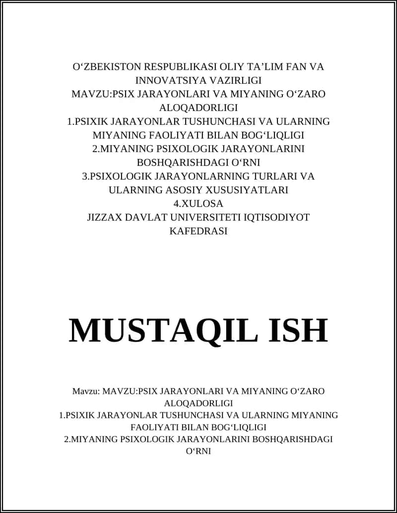 PSIX JARAYONLARI VA MIYANING OʻZARO ALOQADORLIGI