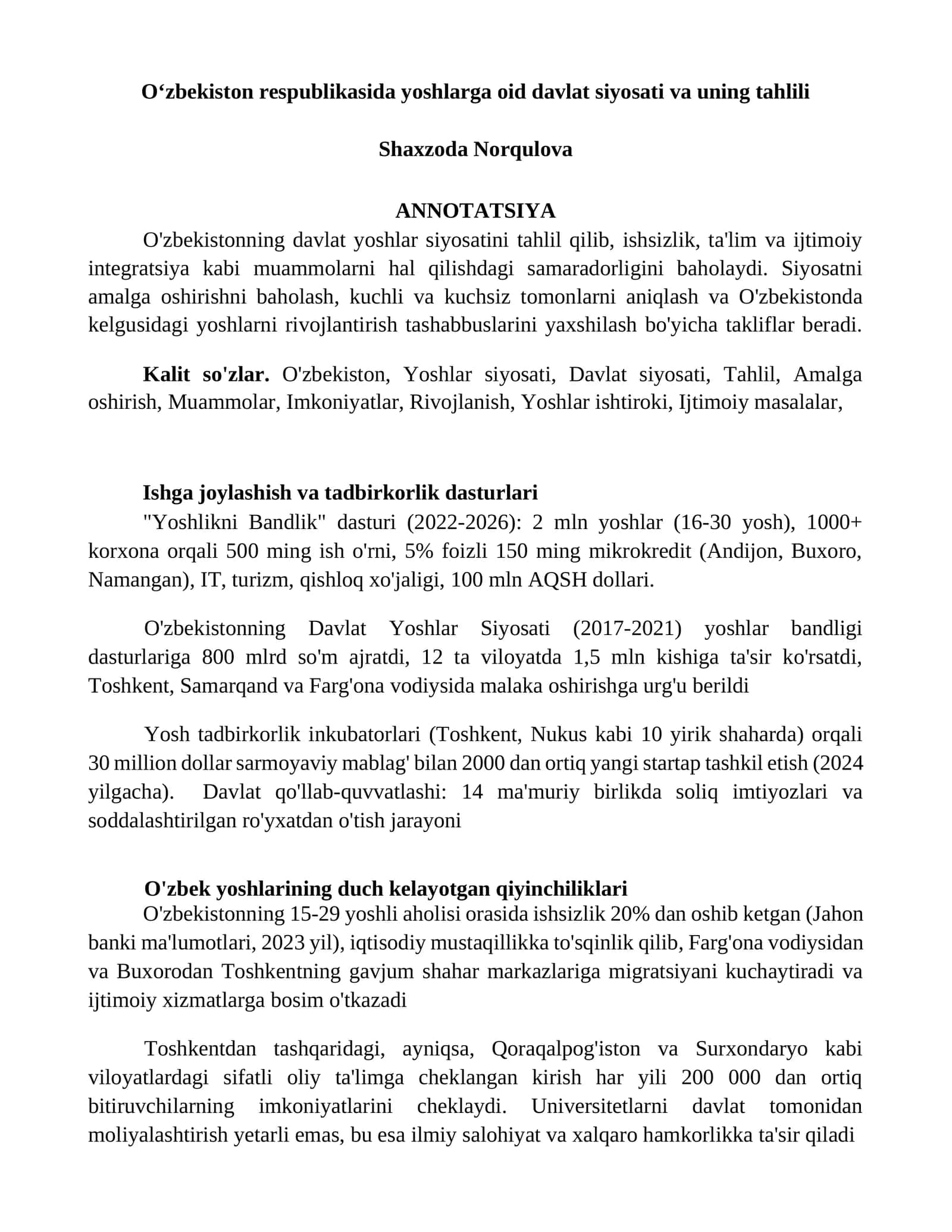 O'zbekiston respublikasida yoshlarga oid davlat siyosati va uning tahlili