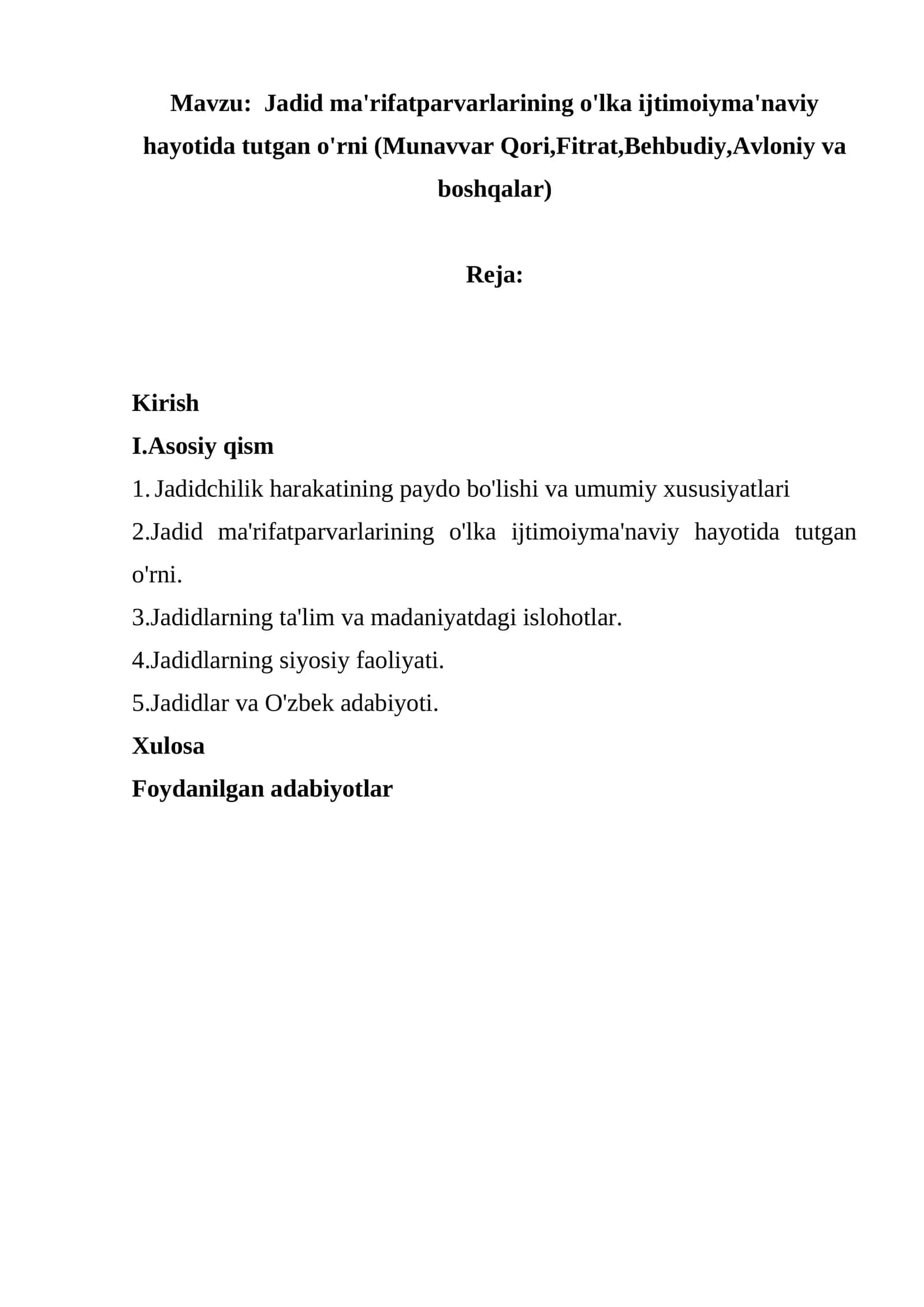 Jadid ma'rifatparvarlarining o'lka ijtimoiyma'naviy hayotida tutgan o'rni (Munavvar Qori,Fitrat,Behbudiy,Avloniy va boshqalar)