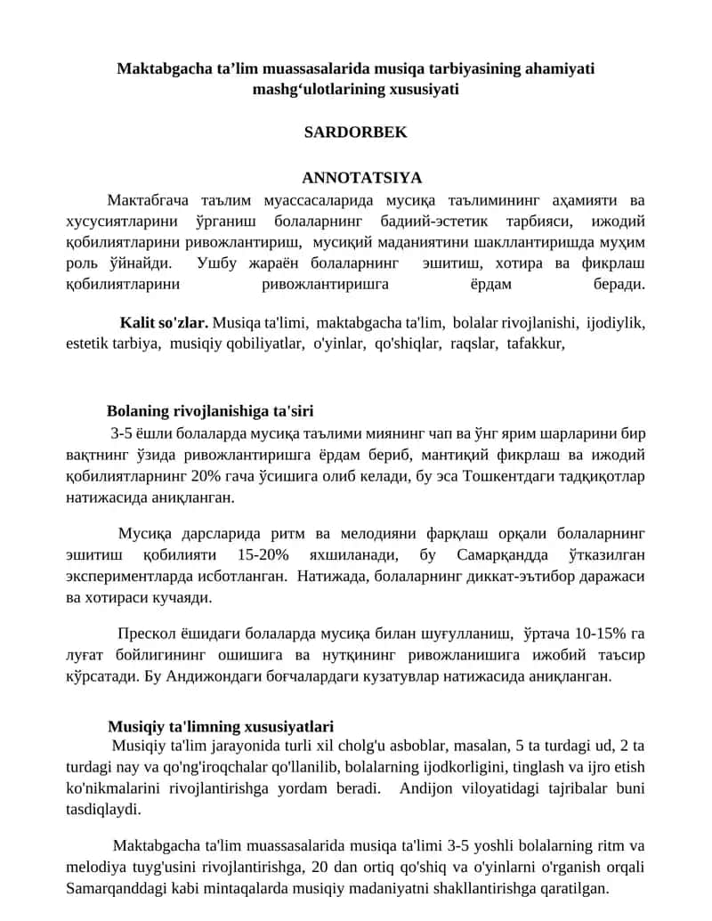 Maktabgacha taʼlim muassasalarida musiqa tarbiyasining ahamiyati