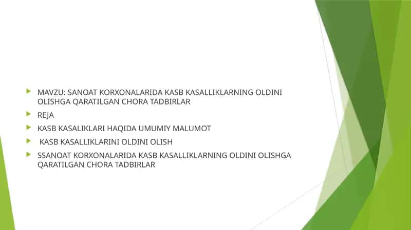 SANOAT KORXONALARIDA KASB KASALLIKLARNING OLDINI OLISHGA QARATILGAN CHORA TADBIRLAR