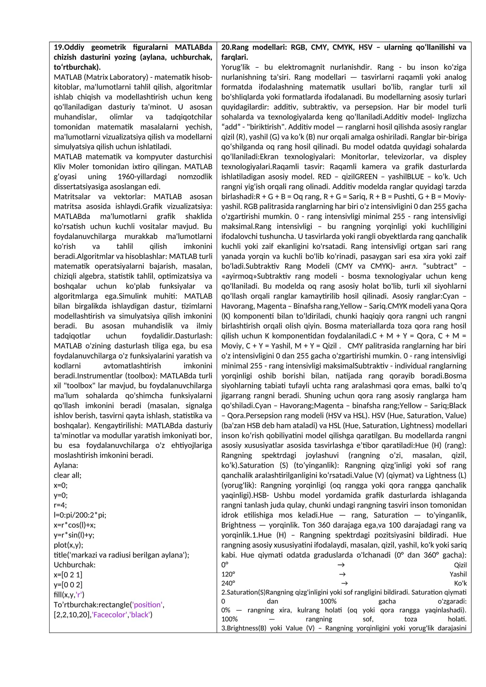 MATLABda oddiy geometrik figuralarni chizish dasturi
