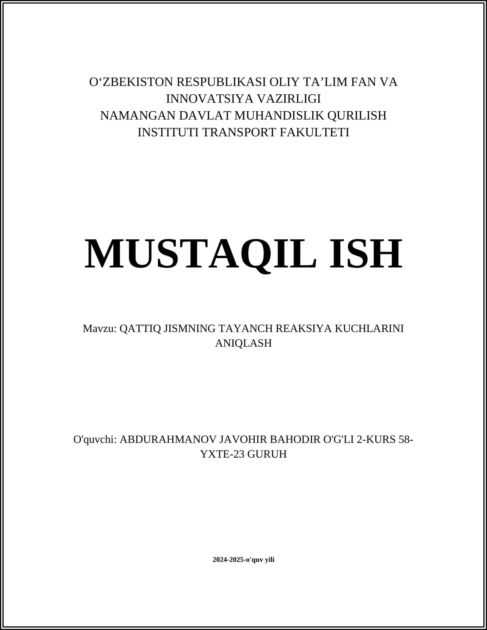 QATTIQ JISMNING TAYANCH REAKSIYA KUCHLARINI ANIQLASH