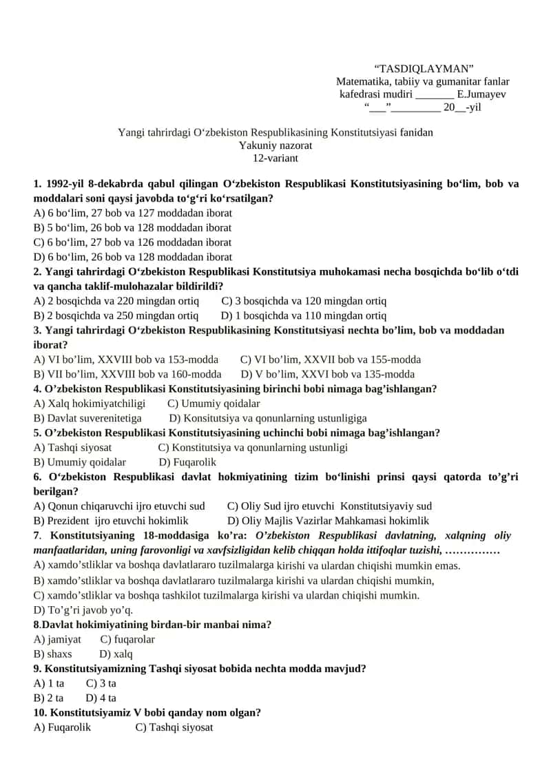 Yangi tahrirdagi O‘zbekiston Respublikasining Konstitutsiyasi fanidan Yakuniy nazorat