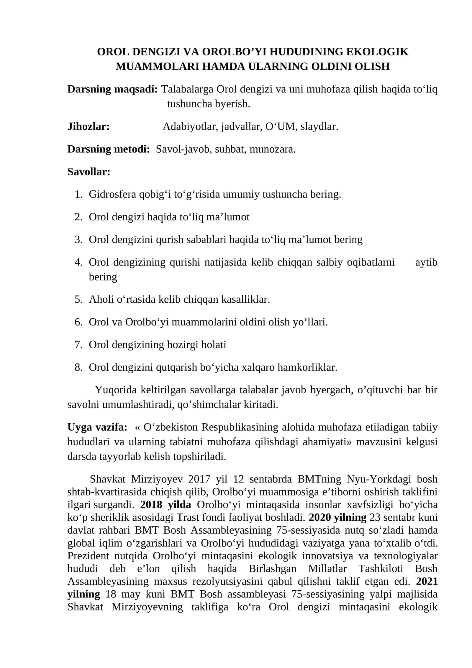 Orol Dengizi va Orolbo’yi Hududining Ekologik Muammolari Hamda Ularning Oldini Olish