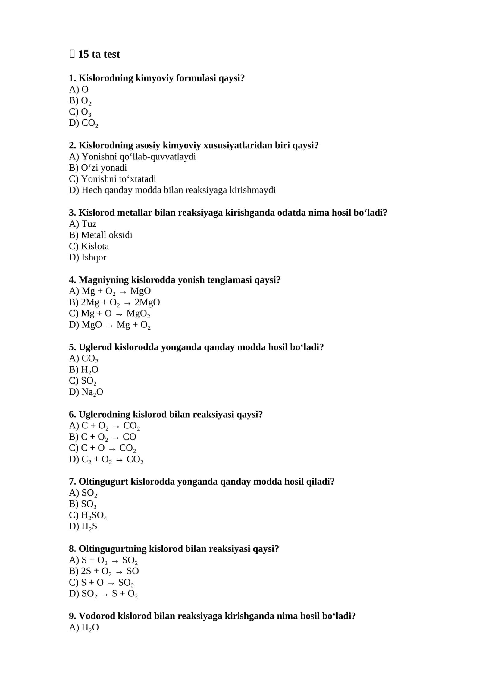 Kimyo fanidan 15 ta test savol-javoblar