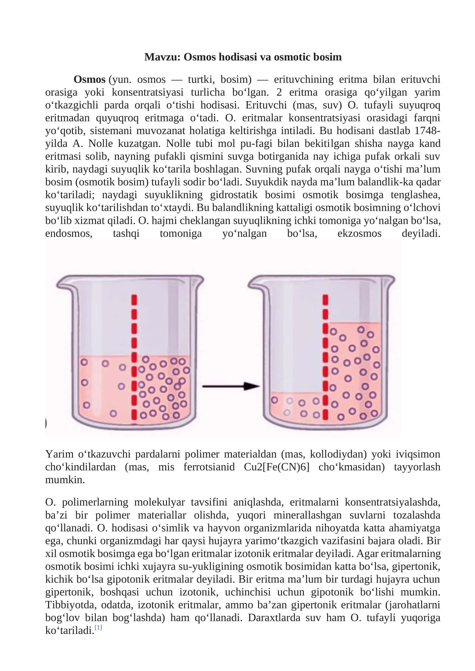 Osmos hodisasi va osmotic bosim