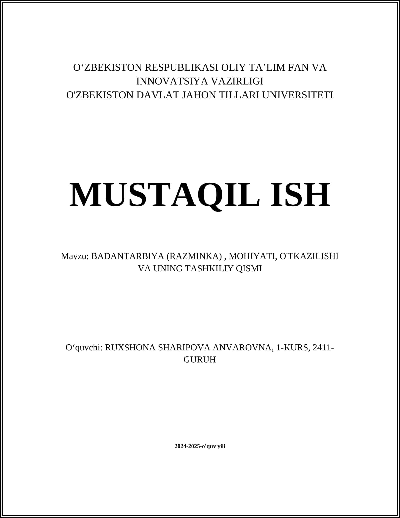 BADANTARBIYA (RAZMINKA), MOHIYATI, O'TKAZILISHI VA UNING TASHKILIY QISMI