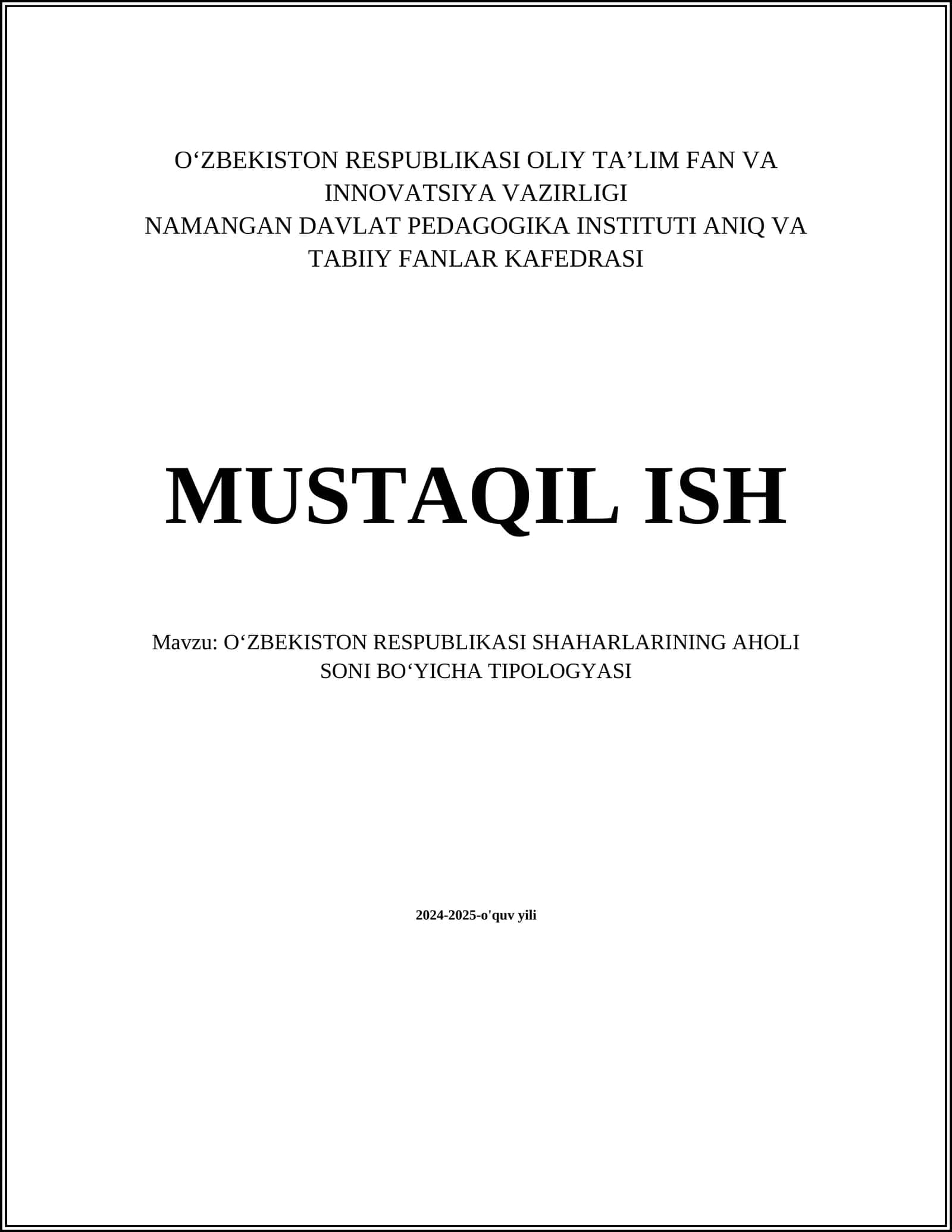 O‘zbekiston Respublikasi Shaharlarining Aholi Soni Bo‘yicha Tipologyasi