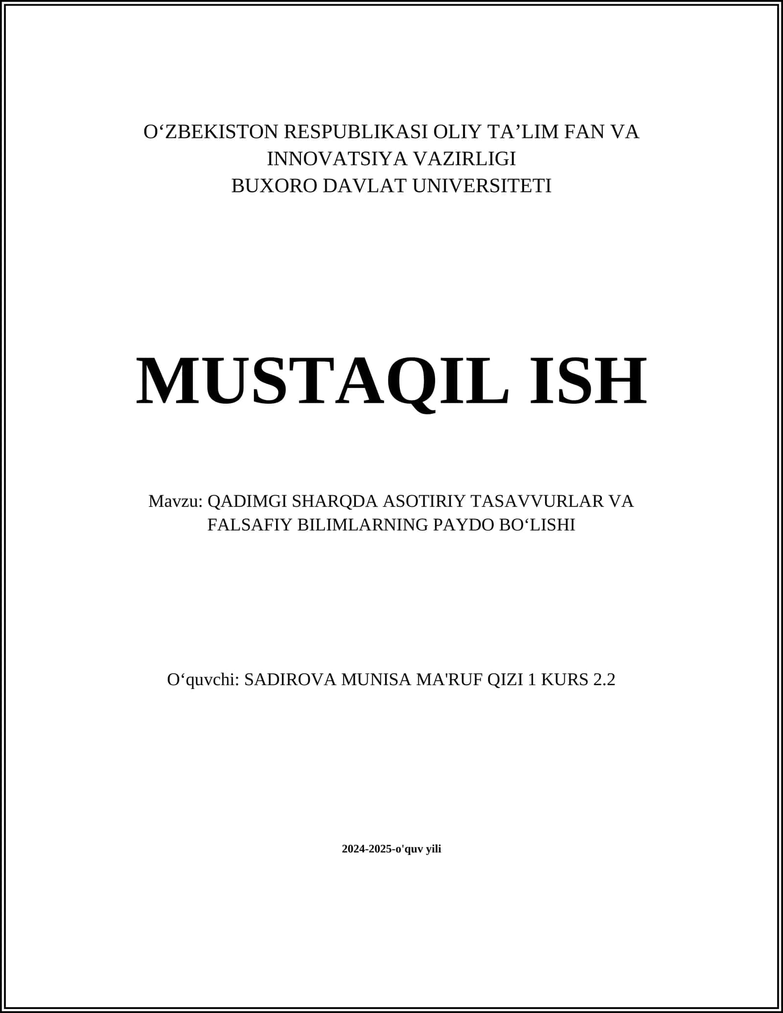 QADIMGI SHARQDA ASOTIRIY TASAVVURLAR VA FALSAFIY BILIMLARNING PAYDO BOʻLISHI