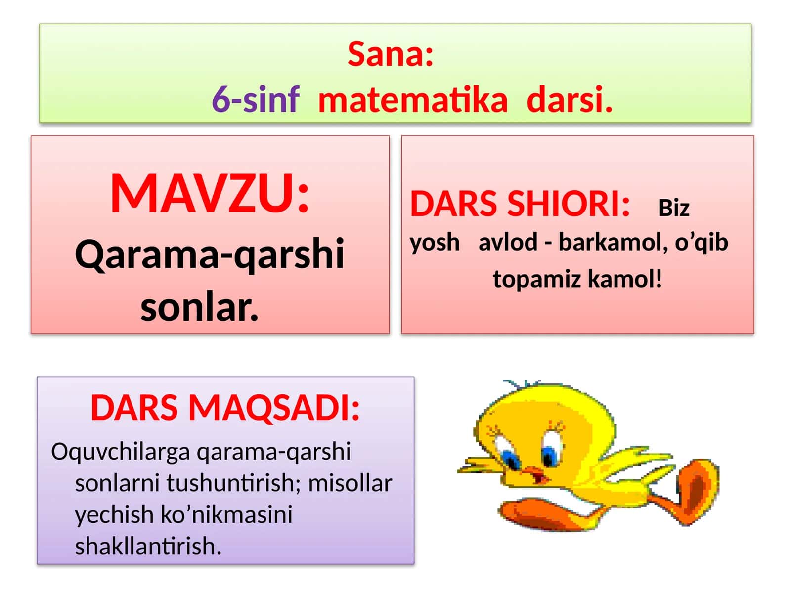 6-sinf Matematika ochiq dars ishlanma. Qarama-qarshi sonlar
