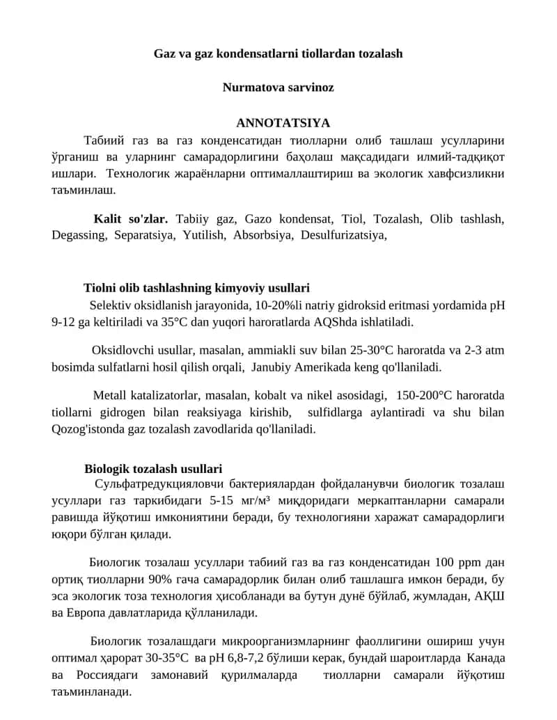 Tiolni olib tashlashning kimyoviy usullari
