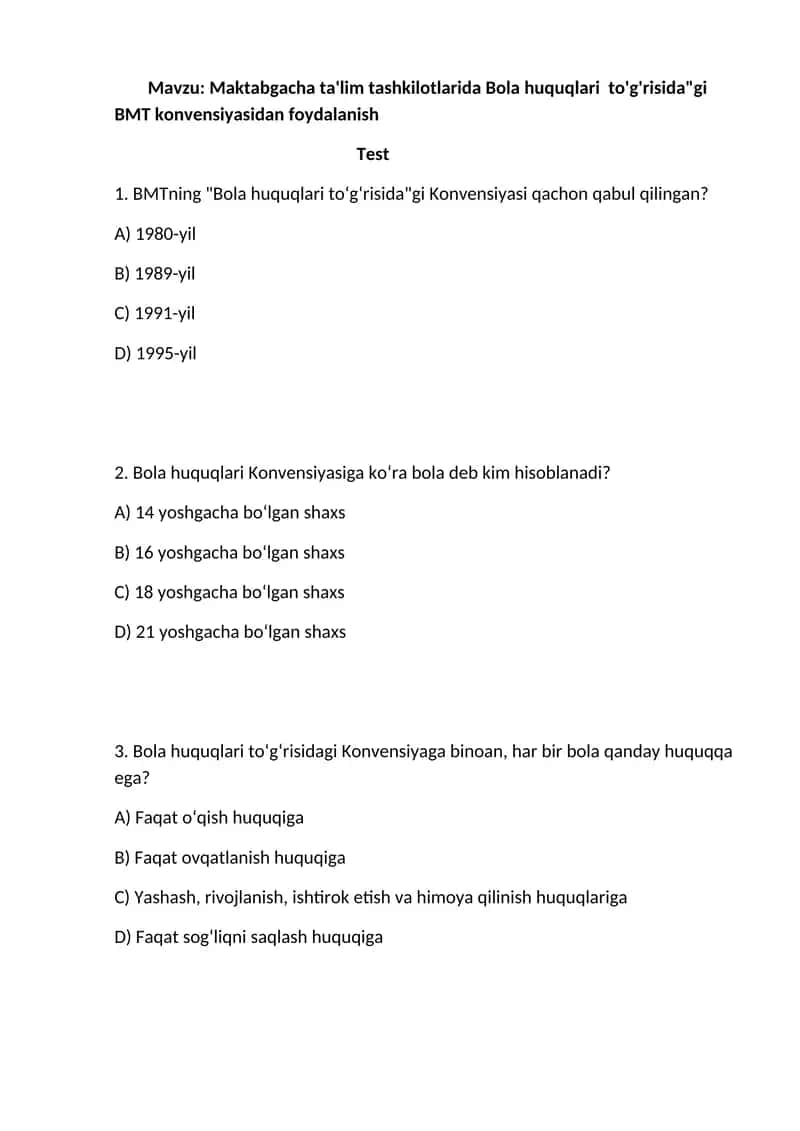 Maktabgacha ta'lim tashkilotlarida Bola huquqlari to'g'risida"gi BMT konvensiyasidan foydalanish