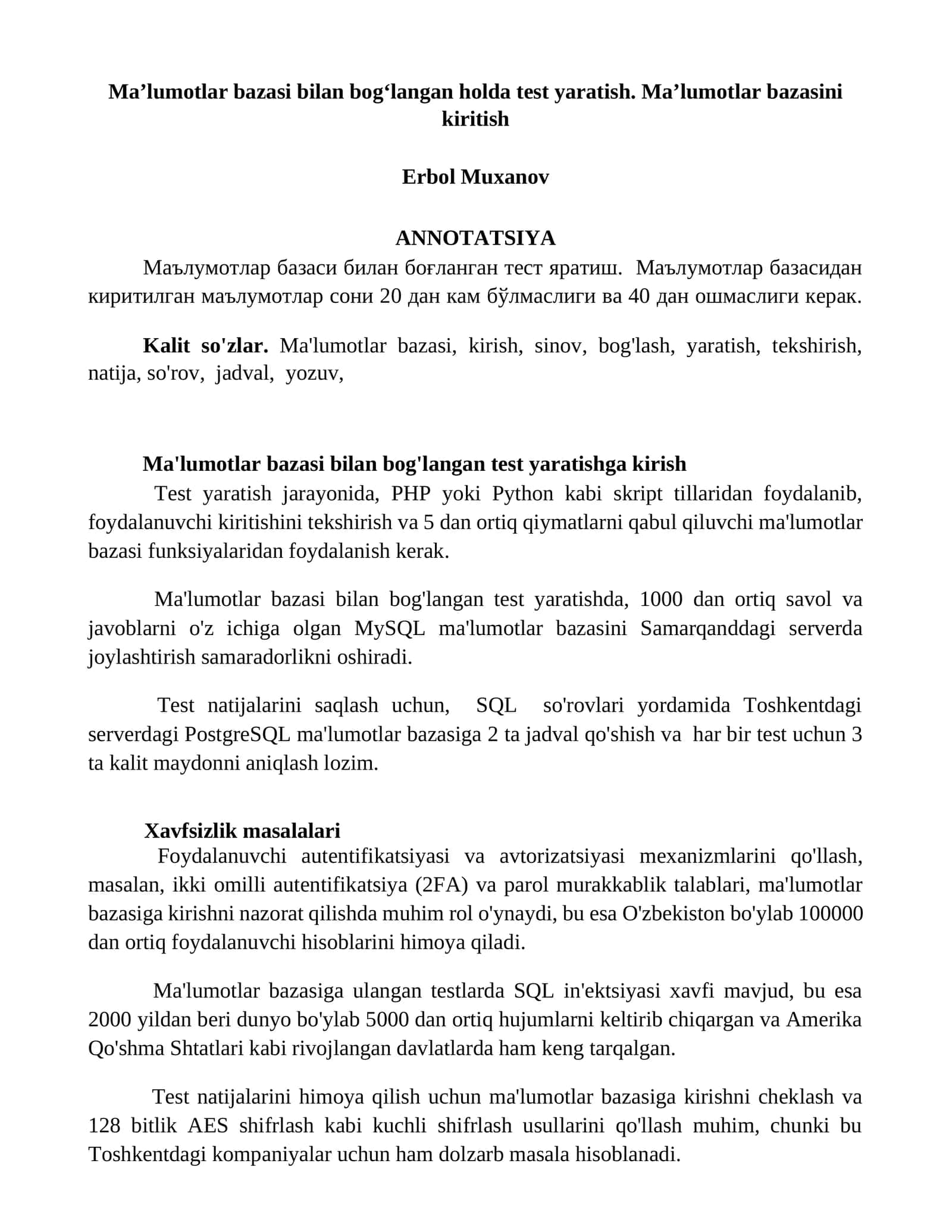 Maʼlumotlar bazasi bilan bogʻlangan test yaratish