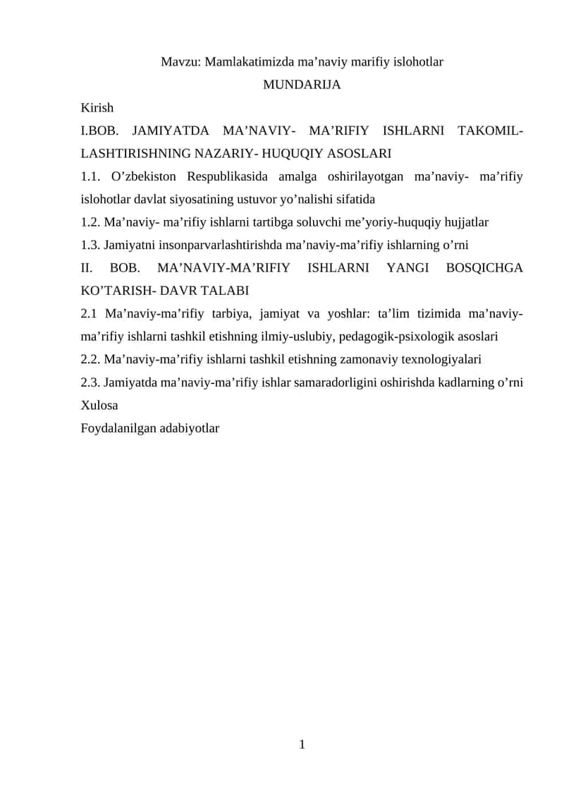 Mamlakatimizda ma’naviy marifiy islohotlar